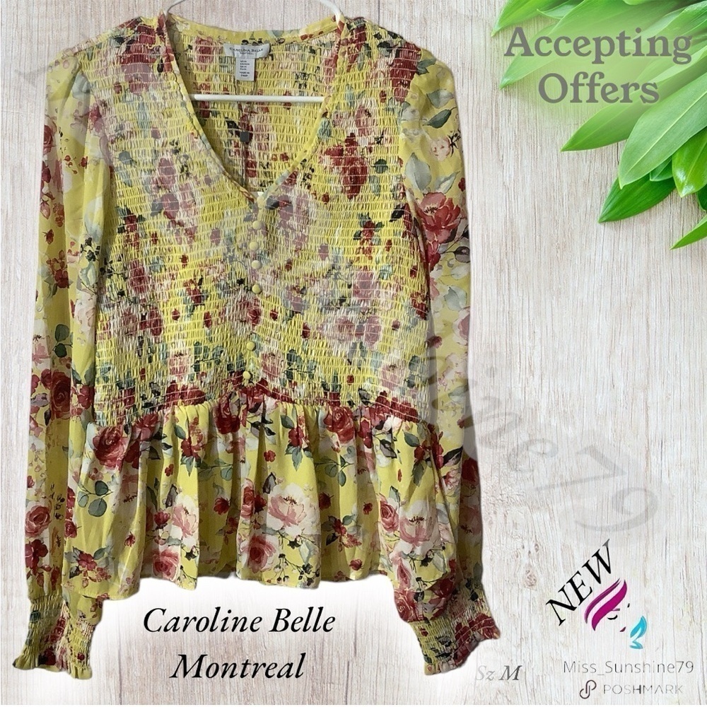 Carolina Belle NEW - Sz M - dreamy flowy yellow floral peplum blouse